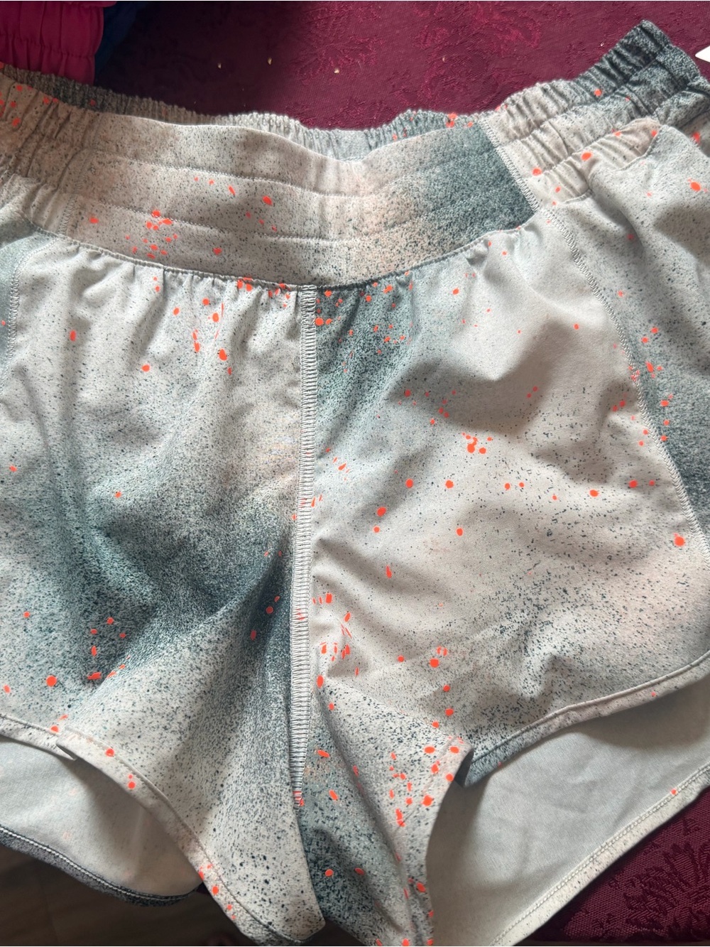 lululemon athletica Light Gray Spray-Print Shorts with Neon Orange Speckles